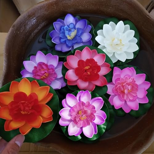 12 Pcs Artificial Floating Foam Lotus Flower with Water Lily Pad, Lifelike Ornaments Home Garden Pond Decor Indian Decorations Return Gifts