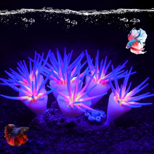 Silicone Glowing Effect Aquarium Fish Tank Decorations, Artificial Soft Anemone Coral Plants Ornaments for Aquarium Decor Landscape, Glow in Dark Fish Tank Accessories Decorations(Blue) - color: Blue