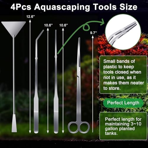 Aquarium Tools,4 in 1 Stainless Steel Long Tweezers - Aquatic Plant Tool | for Saltwater Cleaning Betta Shrimp Frog Terrarium Landscaping