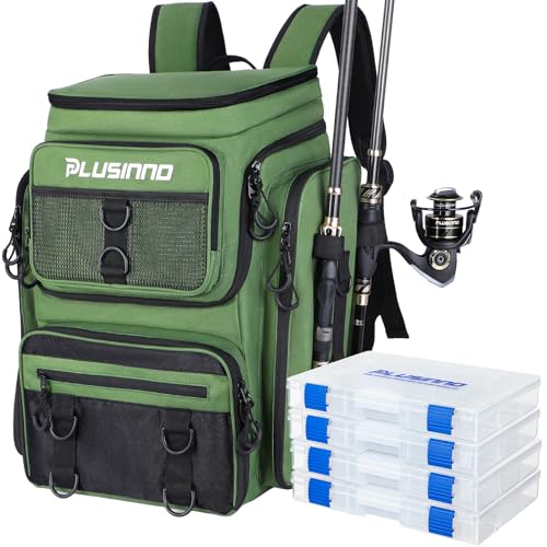PLUSINNO Fishing Backpack with Rod Holders 4 Tackle Boxes, 42L Large Water-Resistant Fish Tackle Bag Store Fishing Gear, Camping, Hiking Gifts for Men Father, Green - color: Green With 4 Tackle Boxes