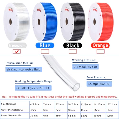 VerRich Pneumatic Tubing Pipe Pu Hose,Transparent White 10mm OD x 6.5mm ID 262 FT (80 Meters) PU Air Hose Line Tube for Air Compressor Transfer - color: White, size: OD10mm*ID6.5mm 262 FT (80 Meters)