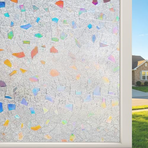 LEMON CLOUD Frosted Window Privacy Film,Stained Glass Static Cling,Decorative Rainbow Window Cling, Heat Control UV Blocking Removable Window Tint for Home Kitchen Bedroom Non-Adhesive,23.6" x 157.4" - color: Clear-rubble Pattern, size: 23.6 x 157.4 Inch