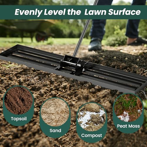 Goplus Lawn Leveling Rake, 46" x 10" Heavy Duty Level Lawn Tool w/ Ergonomic Handle for Soil, Effort-Saving Landscape Rake for Garden, Backyard, Golf Course, Farm, Pasture, Black - style: 46" x 10", Black