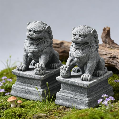 livelyfish Asian Fu Foo Dogs Statues A Pair of Two Guardian Lion Sandstone Figurine Pets Fish Tank Aquarium Landscape Ornaments Garden Feng Shui Decorations, M - size: Medium