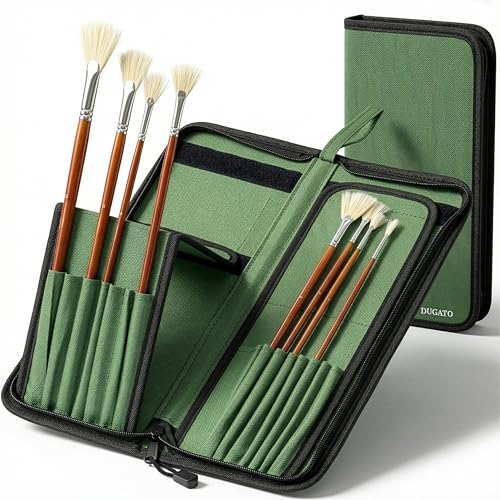 DUGATO Long Canvas Paint Brush Holder Zippered 5.7x14.8 inch, Premium Art Case for Brushes Long Handle up to 13" Length, 15 Slots Storage for Artist (Brush Not Included) - Green - color: Green, size: Large 5.7x14.8 inches