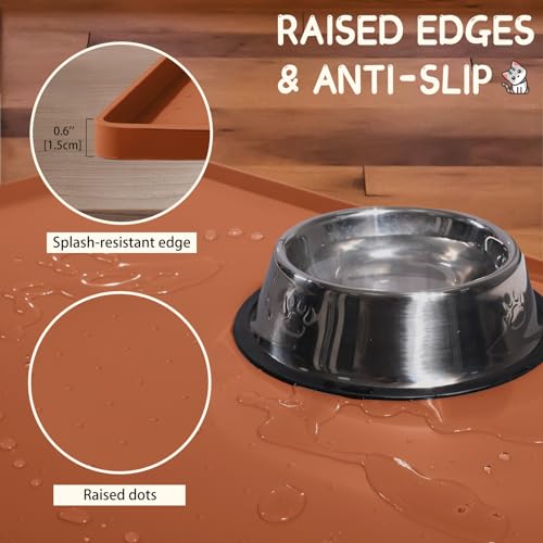 MateeyLife Silicone Cat & Dog Food Mat for Floors Waterproof, Anti-Slip Dog Bowl Mats for Food and Water, Pet Feeding Mats with Lip to Prevent Spills, Pet Placemat for Messy Drinkers to Protect Floors - color: Brown, size: 22''×14''