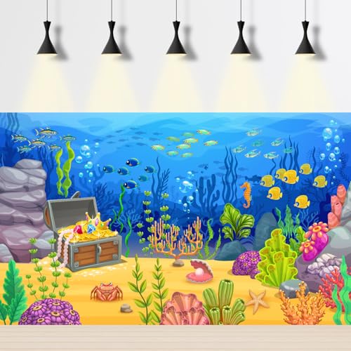 Cartoon Underwater Landscape Aquarium Background Pirate Treasure Chest with Fish Shoal Terrarium Background Ocean Coral Reef Blue Sea Waves Fish Tank Backdrop Under The Sea Theme Backdrops 24x12in - color: Marine Blue, size: 24(W)x12(H)in