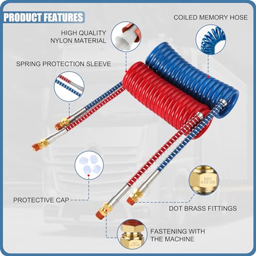 Air Brake Line Hose Coil Assembly Coiled Set 15 FT Air Lines Red Blue Hoses for Semi Truck Tractor Trailer,1/2" NPT DOT Fittings (15' Length x 12" Tractor Lead)