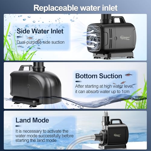 hygger 2-in-11850GPH Submersible Pump 135W, Side and Bottom Suction Fountain Water Pump with 16.4ft High Lift,Water Change with 4 Interchangeable Nozzles for Aquarium, Fish Tank, Hydroponics,Pond - size: 135W-16.4FT
