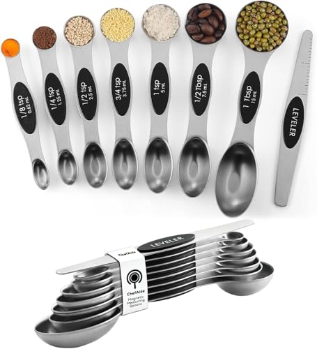 ChefAide Pack of 8 Stainless Steel Magnetic Measuring Spoons Set, Dual Sided, Stackable, Adjustable Teaspoon and Tablespoon Measure Spoon with Leveler, Kitchen Gadgets Set 5 - color: Black, size: Magnetic Measuring Spoons