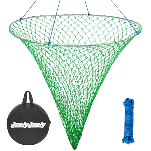 QualyQualy Large Bridge and Pier Fishing Net 32''/39'' Hoop, Foldable Drop Net Pier Fishing for Saltwater with Rope, Landing Net with Nylon Mesh, Collapsible Soft Steel Ring - color: Green, size: M: 32''×36''