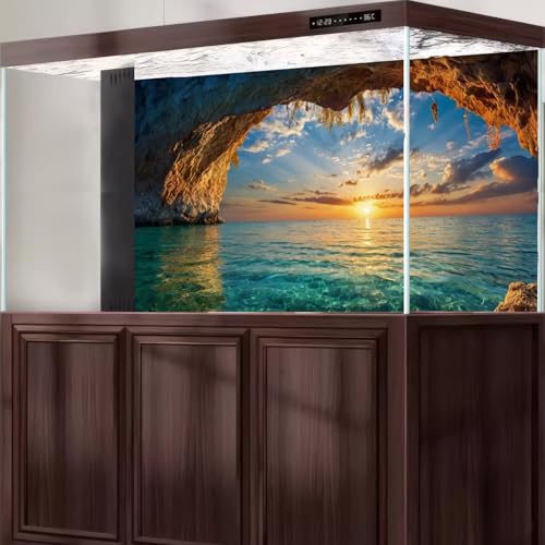 Sea Rock Cave Aquarium Background Sunrise Ocean Beach Seaside Fish Tank Background Tropical Sunset Seashore Cloudy Sky Terrarium Backgrounds Stunning Seascape Reptile Tank Backgrounds 24x12in - color: Aqua_Blue, size: 24(W)x12(H)in