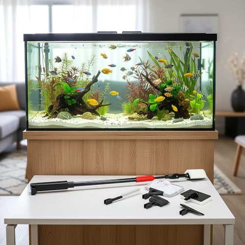 6 in 1 Aquarium Cleaning Tool Kit, Fish Tank Cleaner Set with Adjustable Telescopic Long Handle (21-32 Inch) Include Algae Scraper, Scrubber Pads, Fish Net, Tube Cleaning Brush, Gravel Rake