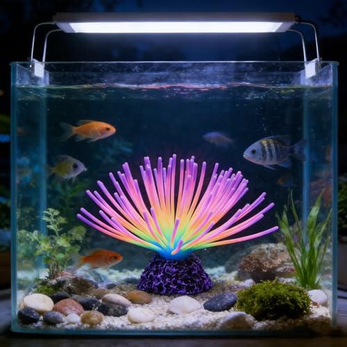 Fluorescent Rainbow Sea Urchin Aquarium Decor - Glows Under Blue Light, Weighted Silicone Ornament for Fish Tank with Swaying Spines, Saltwater & Freshwater, Vibrant Aquascape Centerpiece (Colorful) - color: Colorful