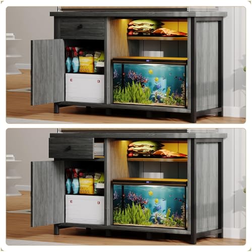 4ever2buy 55-75 Gallon Fish Tank Stand with Power Outlets, LED Light, Heavy Duty Aquarium Stand with Cabinet for Fish Tank Accessories Storage, for Turtle Tank, Reptile Terrarium, 1100LBS, Gray - color: Gray