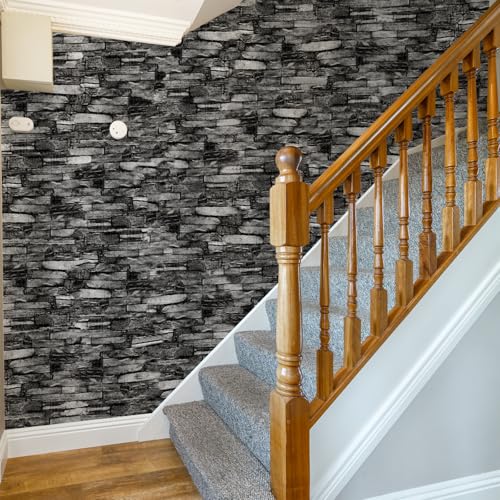 20 Pack 3D Wall Panels Peel and Stick, Waterproof Foam Stone 3D Wallpaper, Self Adhesive Foam Wallpaper for Bedroom Bathroom Kitchen (13.7 * 15.1in) - color: Black Rock, size: 20 PACK