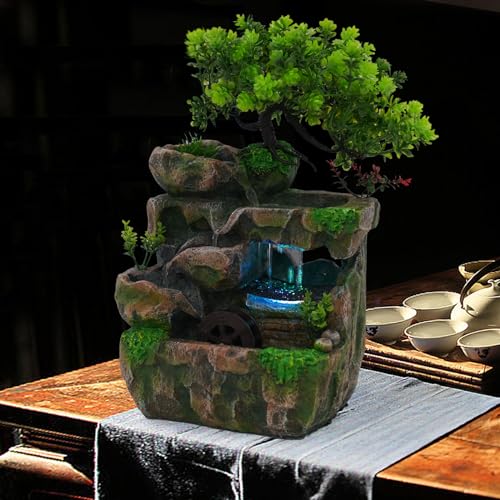Rockery Water Fountain, Creative Feng Shui Wheel Waterfall with Reliable Circulating Pump and Color-Changing LED Lights, Compact Desktop Decor for Living Room, Office, Bedroom Ambiance - size: E
