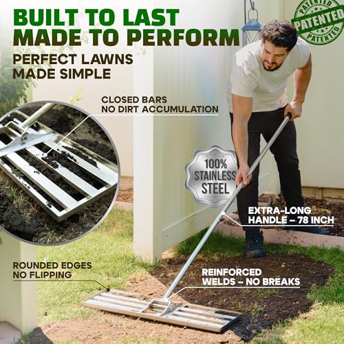 Oris Garden® Lawn Leveling Rake 36 inch - Ground Leveler for yard, sand, soil, grass - Dirt leveling tool, heavy duty stainless steel rakes for golf, grading, gravel, pool seeding, levelling (36 inch) - style: 36" Leveling Rake