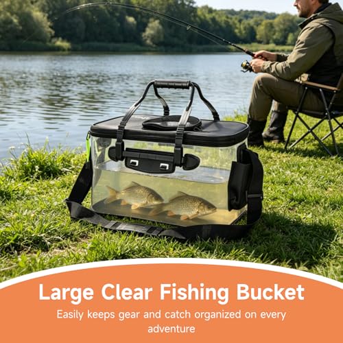 OMISTAR Foldable Fishing Bucket, Collapsible Transparent EVA Fish Storage Bag, Live Fish Container with Aeration Hole & Shoulder Strap, Live Bait Bucket for Fishing, Camping