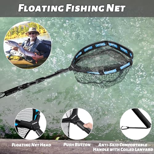 PLUSINNO Fishing Net Fish Floating Landing Net, Kayak Nets with Fixed Foldable Telescopic Pole Handle, Bass Trout Fishing Nets with Nylon Mesh for Pond Lake River, Fishing Gear Gifts for Men Anglers - color: 11.8"/30cm Hoop Size 0.8M Blue(Not Extendable),