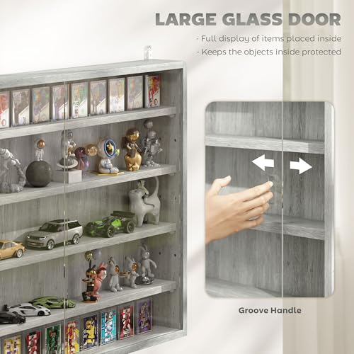 HOMCOM 5-Tier Display Cabinet, Glass Door Cabinet with Adjustable Shelves, Wall-Mounted Display Case for Playroom, Bedroom, Gray - color: Grey