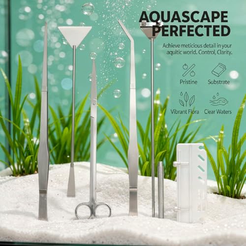 6 Pcs Stainless Steel Aquascaping Tools Kit for Aquarium Plant Care, Algae Scraper, 15 in / 38 cm Tweezers, 11.8 in / 30 cm Scissors, 12.6 in / 32 cm Sand Spatula, Acrylic Holder, Silver