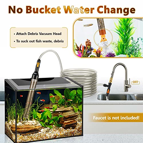 hygger Bucket-Free Aquarium Water Change Kit Metal Faucet Connector Fish Tank Vacuum Siphon Gravel Cleaner with Long Hose 33FT Drain & Fill - size: 33 Foot(Pack of 1)