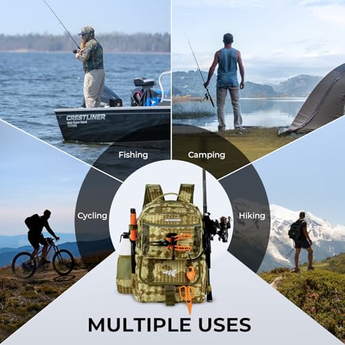 KastKing BaitSpace Fishing Tackle Backpack with Removable Bait Binder,2 Rod Holders Storage Fishing Gear and Equipment - color: D: Khaki Camo(with (4) 3600 Tackle Boxes)