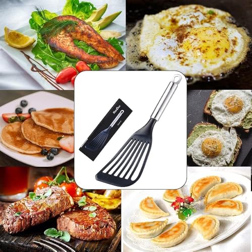 KSENDALO 2 Thin Flexible Nylon Fish Spatula Set for Nonstick Cookware Fish Spatula Egg Flipper Hollow Steel Handle, LFGB Certified Nylon Thin Blade Sturdy Hollow Handle Dishwasher Safe- Silver/Black - size: Medium (2 Pack)