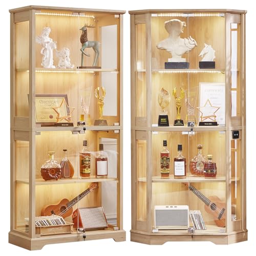 LELELINKY Farmhouse Glass Display Cabinet Set of 2 with Doors, Corner Curio Cabinet for Collectibles, Wooden Display Cabinets for Home, Office, Living Room, Corner, Natural - color: Natural, size: Set B