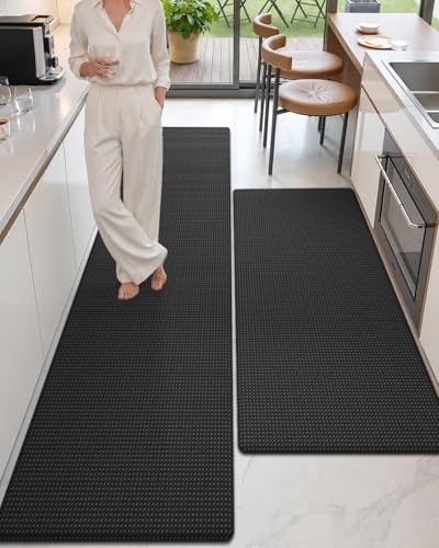 Color&Geometry Anti Fatigue Cushion Padded Kitchen Mat for Floor - 24x59+24x94,Easy Clean, Waterproof & Oil Proof, Anti Slip, Foam Rubber Runner Rug for Front Sink Comfort Standing, Black Set of 2 - color: Black, size: 24"x59"+24"x94"