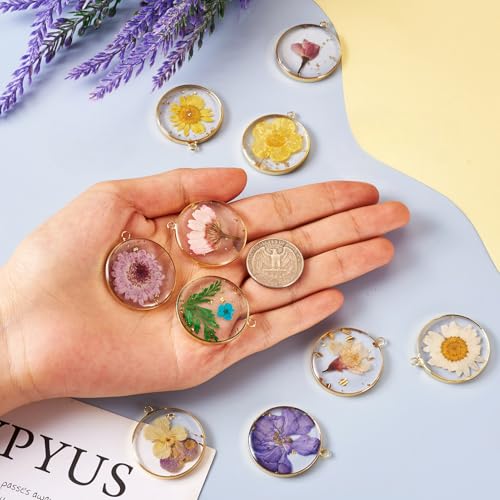 Transparent Flower Resin Charms Round Gold Edge Dried Floral Pendants Flat Round Clear Gold Foil Floral Charms for Necklace Bookmark Keychain Jewelry Making - color: Flower-3