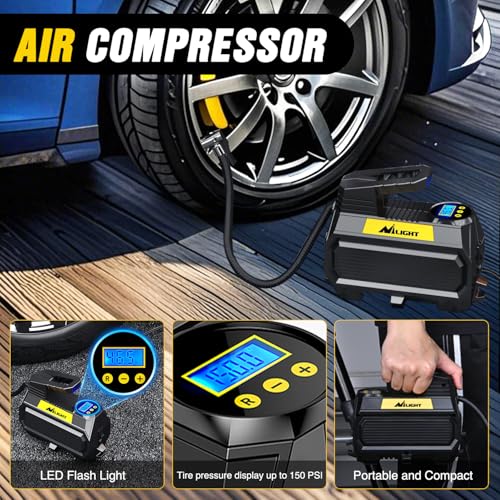 Nilight Car Emergency Kit with Jumper Cable, First Aid Kit Safety Assistance Tools for Travel Camping Outdoor Cars Truck SUV RV, Roadside Essentials with Flash Light - color: Essential Kit+Digital Air Compressor