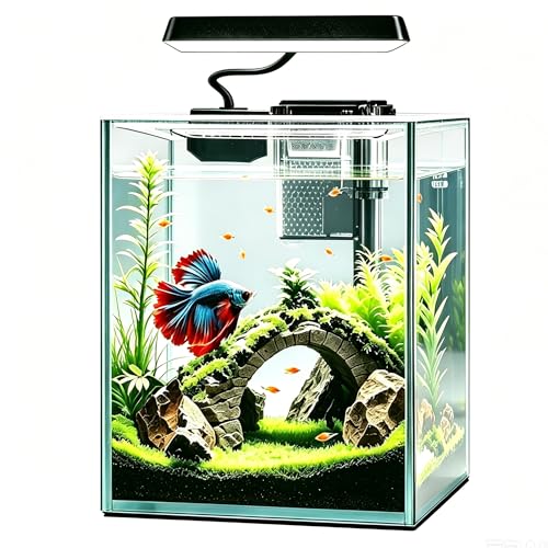 Ultra White Glass Betta Aquarium Starter Kits 1.5 Gallon Small Fish Tank, Betta Fish Tank with LED Light, Power Filter, 4mm Glass - color: Ultra-white