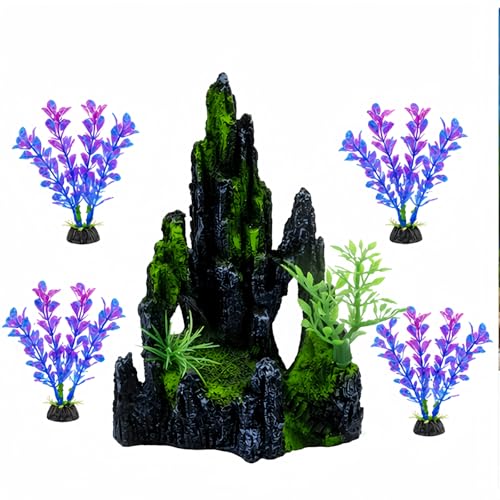 Aquarium cave Decoration Set, Fish Tank Hiding cave Accessories, Betta Fish Hiding Place, Suitable for Betta Fish, Guppies, Shrimp, etc. (Includes 4 Artificial Aquatic Plants)