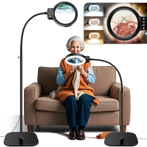 30X 10X Large Floor Magnifying Glass with Light and Stand,72 LED Flexible Gooseneck Floor Magnifying Lamp,2 in 1 Lighted Magnifiers for Close Work, Sewing,Crafts,Hobbies（Black） - color: Black