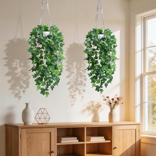 DREAMLOOM 2 Packs Fake Hanging Plants with Pots, Artificial Ivy Hanging Plants with Macrame Hanger for Indoor Decor, Fake Hanging Vines Faux Greenery for Home Kitchen Office - color: Ivy