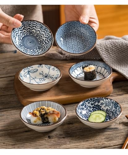 6 Pack 3 oz Cute Japanese Soy Sauce Dish Small Dipping Sauce Bowls Ceramic Sushi Dipping Bowls for Sushi,Side Dish,Ketchup,Dips,Condiment,Snack,BBQ Party - color: cyan blue