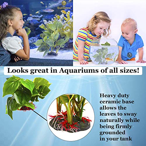 SunGrow Plastic Leaf Plant, Heavy-Duty Ceramic Base, Hiding Spot for Fish, Betta, Angelfish, Gold Fish, Frog, Python, Reptiles, Amphibians (2, 10 Inches) - size: 10 Inches