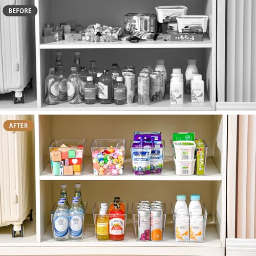 Freebat 12 Pack Middle Organizers and Storage, Pantry Organization and Storage Bins, Cabinet Organizer, Clear Plastic Storage Containers with Handle，Acrylic Storage Bins for Cabinet, Fridge - color: Mid 12pack