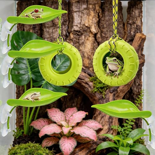 Tree Frog Habitat Toy Plastic Leaf Decorations Tire Swing Habitat Miniature with Suction Cups, Frog Habitat Platform, Frog Tank & Terrarium Decor Accessories, for Reptile Amphibian Crustacean Toy