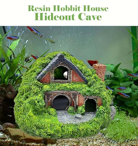 Aquarium Decor Resin Hobbit House Hideout Cave, Hollow Hole Shelter, Fish Tank Hut Ornaments, Mini Garden Landscaping Fish Tank Accessories for Betta