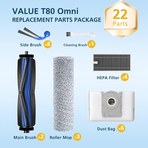 T80 OMNI Replacement Parts for ECOVACS DEEBOT T80 Omni/for Yeedi M14 Plus Robot Vacuum and Mop, includes Main Brushes, Roller Mops, Hepa Filters, Dust Bags, and Side Brushes - style: T80 Omni