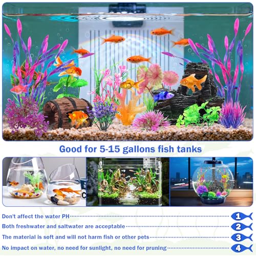 QUOZUO 15 Pcs Aquarium Artificial Plastic Plants Decorations and Resin Barrel and Coral Rock Cave Set, Fish Tank Accessories Hideout Ornaments Aquarium Decor Set