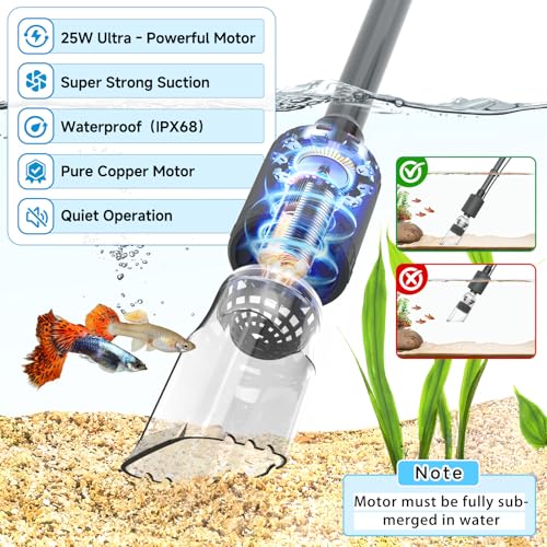 fishkeeper Aquarium Vacuum Gravel Cleaner, 25W 6 in 1 Multifunction Fish Tank Cleaner Kit for Automatic Water Change, Wash Sand, Water Circulation Infinitely Adjustable Flow Fish Tank Cleaner Vacuum