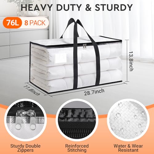 HomeHacks Clear Moving Bags Heavy Duty 8 Pack, Storage Bags with Zipper, Extra Thick Handles & Waterproof Packing Boxes for Moving, Camping, Home Organization 76L/20Gal (28.7"x11.8"x13.8") - size: 76L