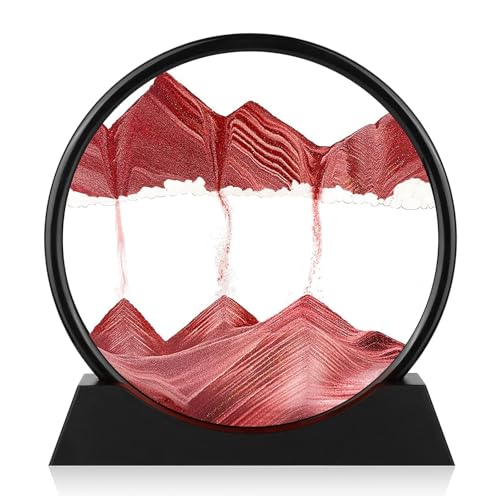 Moving Sand Art Picture - Round Glass 3D Deep Sea Sandscape - 3D Quicksand Painting Decor - Relaxing Home Decoration Desk Figurine for Office, Home, Desk, Mantle, Bookshelf - (Red, 7 in) - color: Red, size: 7in