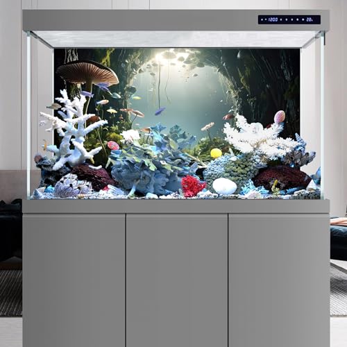 AWERT 72x16 inches Aquarium Background Foggy Stone Mushroom Moss Terrarium Background Polyester Green Plants Cave Fish Tank Background - size: 72x16in/180x40cm