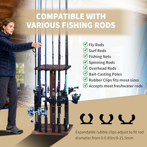 360° Rotating Fishing Rod Holder, Natural Wooden Fishing Pole Rack Stores 16 Rods, Floor-Standing Fishing Rod Storage Organizer with Rounded Clips for Garage, Basement, or Shed, Easy to Install - color: Brown, size: Square