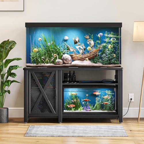 DWVO 55-75 Gallon Aquarium Stand with Power Outlets, Cabinet for Fish Tank Accessories Storage - Heavy Duty Metal Fish Tank Stand Suitable for Turtle Tank, Reptile Terrarium, 860LBS Capacity, Black
